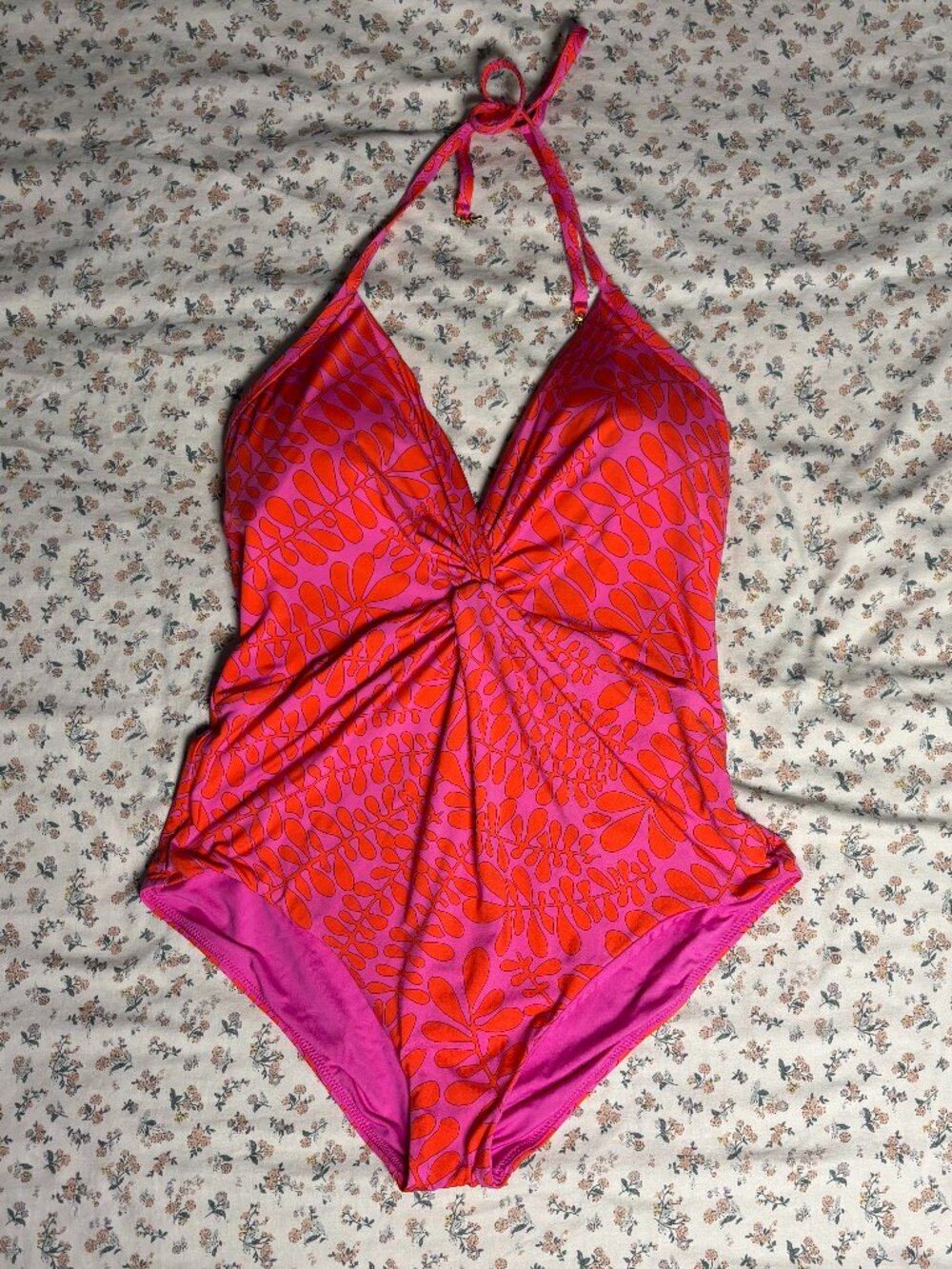 Trina Turk Trellis Twist Plunge Pink Orange Floral Halter Swim Suit Size 14